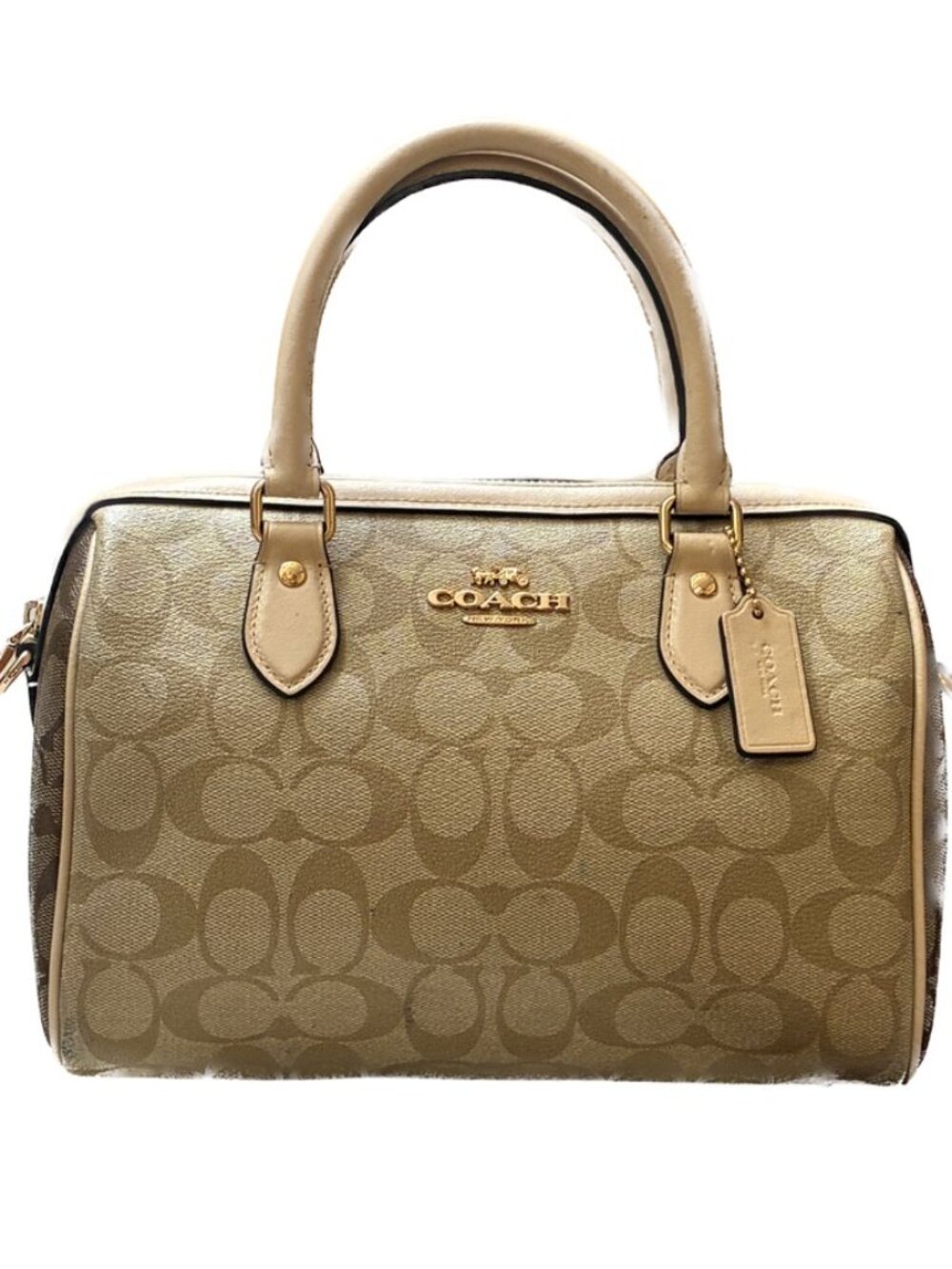 COACH Rowan Satchel in Signature Coated Canvas Light Khaki Tan Leather Top Handl